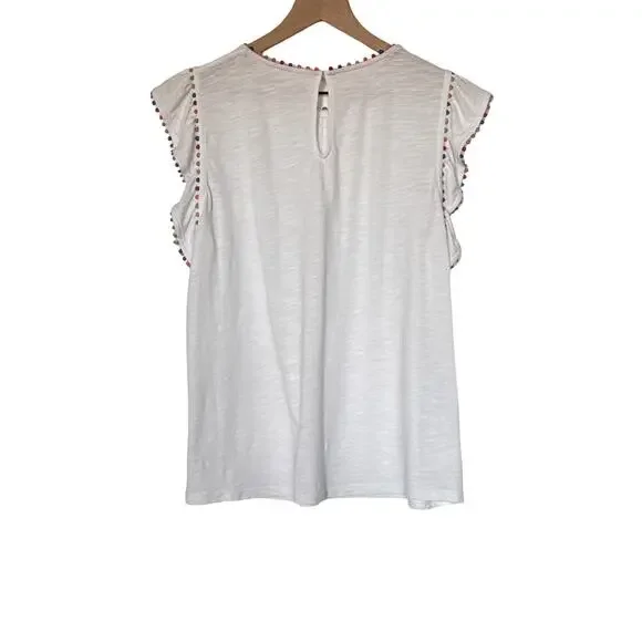 Boden White Pom Trim Ruffle Sleeve Cotton Top Size US 10 - Picture 4 of 9